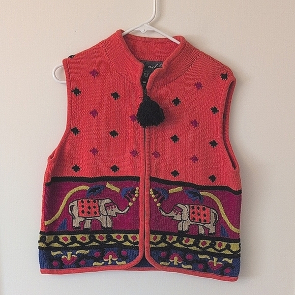 Vintage Sweaters - Vintage Lisa Nichols Large 100% Cotton Zip Up Sweater Vest Eclectic Boho Indie